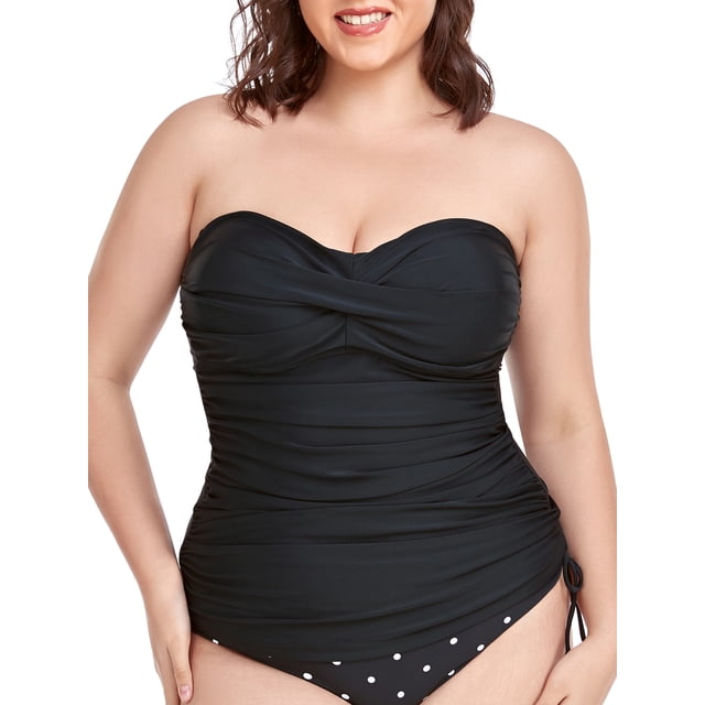 RELLECIGA Maillots de Bain Tankini Bandeau Froncé pour Femmes en Noir, Conçus pour les Besoins de Maillots de Bain des Femmes. Présente un design à Buste Croisé, un Torse Froncé pour un Ajustement Flatteur, des Bonnets Moulés avec Rembourrage Non Amovible, des Bretelles d'Épaule Ajustables et Amovibles, et des Bandes en silicone Antidérapantes le Long de la Ligne de Buste pour un Port Sécuritaire. Fabriqué à Partir d'Un Tissu Doux et Confortable Idéal pour la Natation, les Sorties à la Plage, les Vacances Tropicales et Autres Activités Aquatiques.