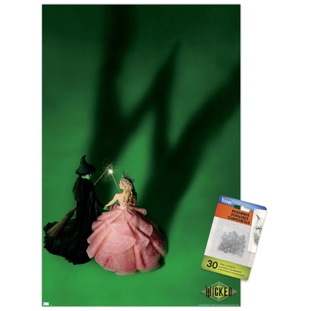 Wicked - Affiche Murale Teaser à une Feuille, 22,375 Pouces x 34 Pouces Présentant une Vue Centrée de Deux Poupées sur un Fond Vert, l'Une Déguisée en Sorcière Noire avec un Balai et l'Autre en Princesse avec une Robe Rose et un Diadème, la Sorcière Tenant une Baguette Lumineuse Projetant une Grande Ombre en Forme d'Arbre, Imprimée sur du Papier Affiche Lustré Idéale pour l'Art Mural et la Déco de Chambre, avec Supports Adhésifs Inclus pour une Suspension Facile.