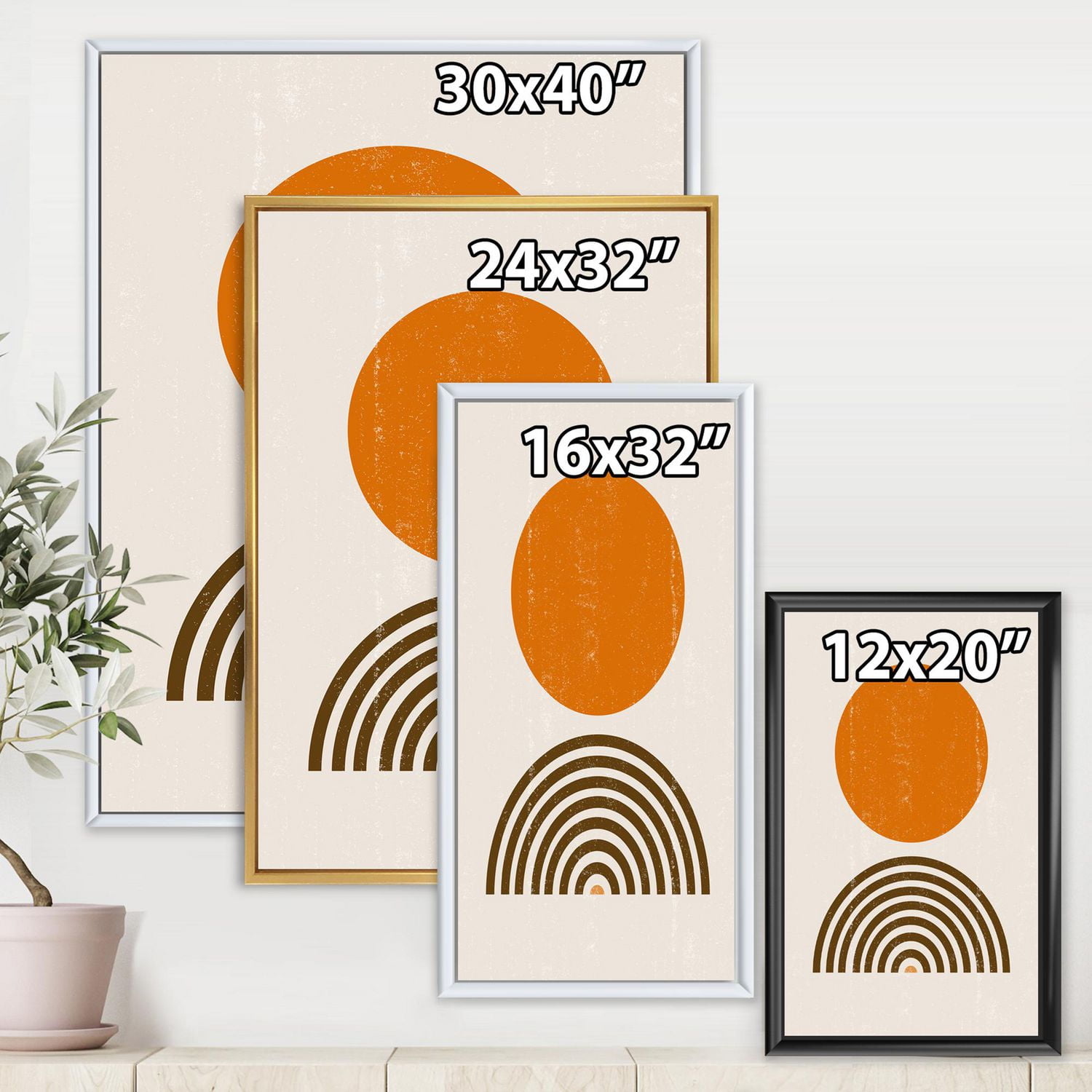 Designart Résumé Minimal orange Sun et Rainbow I ART MURAL À CADRE FLOTT