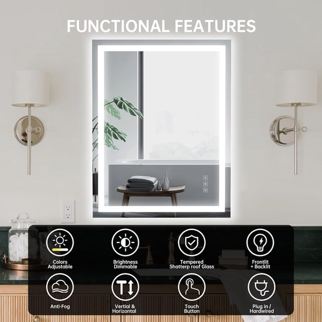 MIUUKA Dimmable LED Bathroom Mirror - 28x40" Rectangular Vanity, Front & Backlight, Anti-Fog, Shatter-Proof, Memory Function, 3 Color Temperatures, Wall Mounted