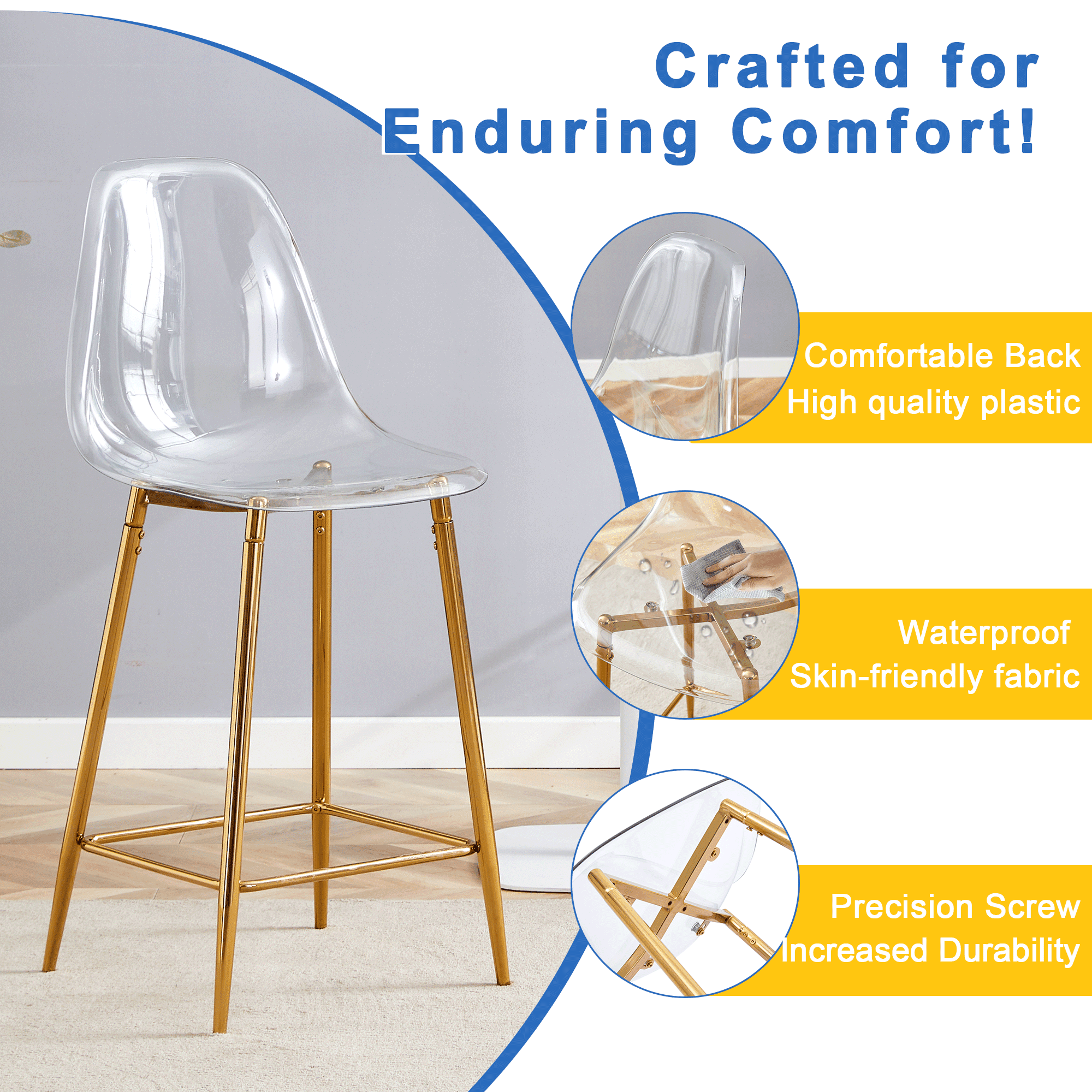 Noble House Modern Minimalist Bar Stool Set of 2,Integrated Backrest,Gold