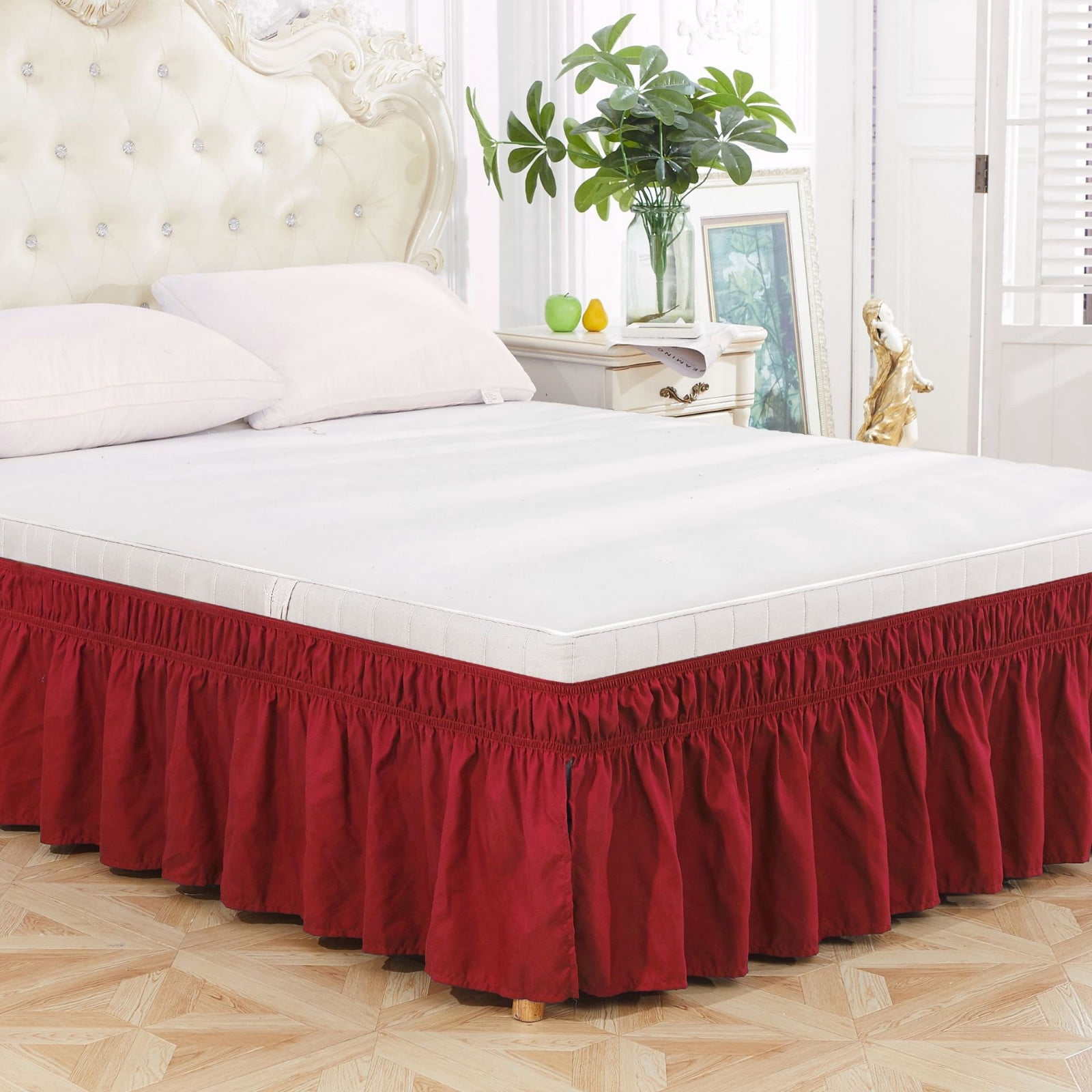 Bed Skirt Wrap Around with Elastic Ruffles, King Size Pleated Design with Elastic Belt, Washable for Bedroom Decor