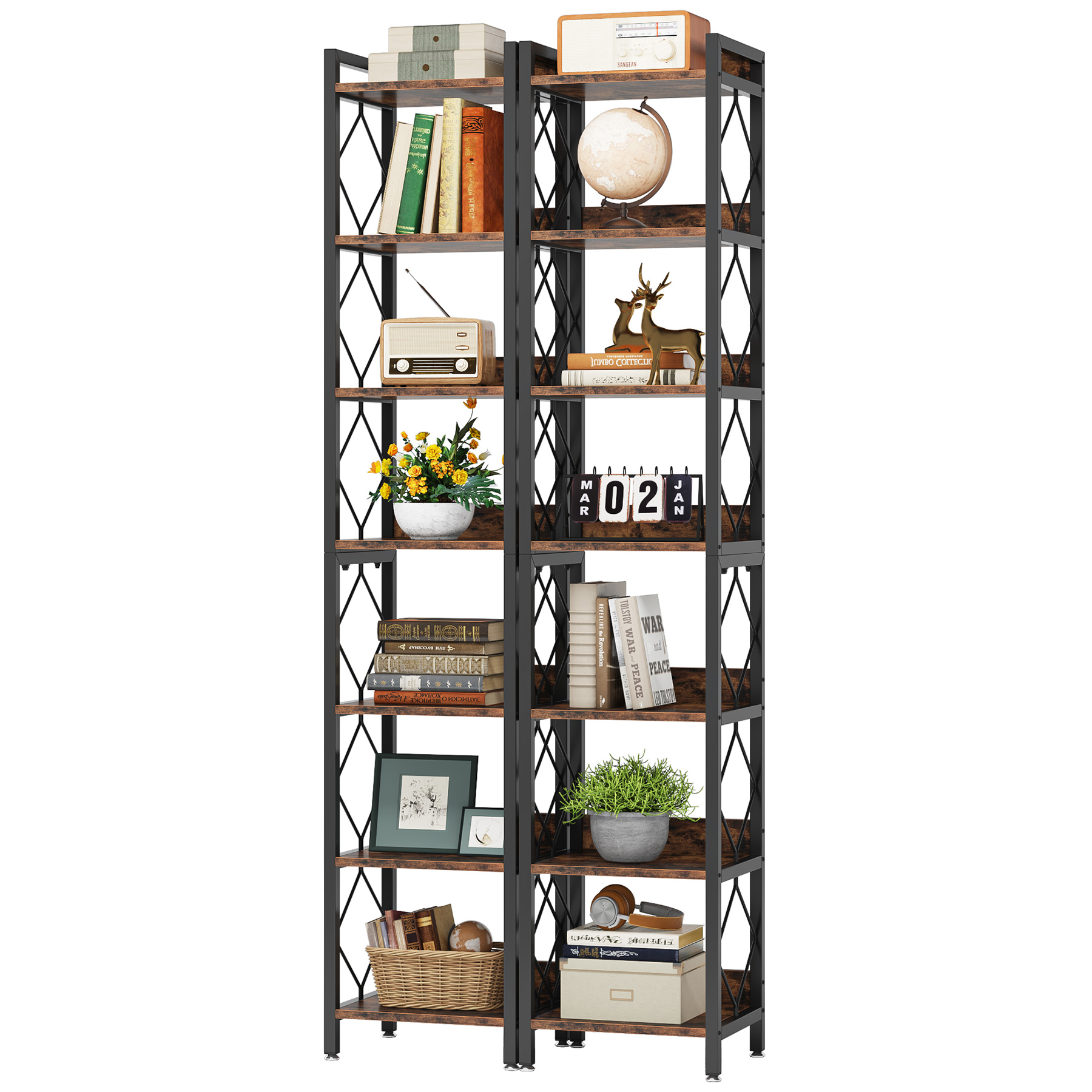 78.7 Inch Extra Tall Narrow Bookshelf, 7 Tier Skinny Bookcase for Small Spaces, Rustic Brown and Black (Set of 2)