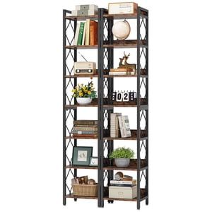 78.7 Inch Extra Tall Narrow Bookshelf, 7 Tier Skinny Bookcase for Small Spaces, Rustic Brown and Black (Set of 2)