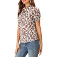 thumbnail image 4 of INSPIRE CHIC Blouse Florale Décontractée à Manches Courtes pour Femme, Col Noué à Volants, TP, Brun, 4 of 7