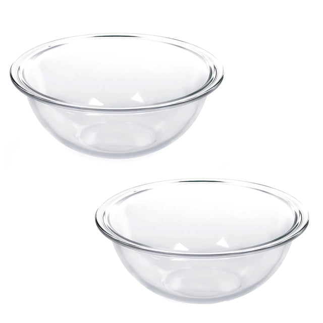 Marinex - Set of 2 Glass Mixing Bowls, 1.5 Liter Capacity, Dishwasher Safe. Front-facing view of two transparent heat-tempered glass bowls stacked with smooth rounded rims; 1.5 L capacity, microwave-, freezer- and dishwasher-safe; ideal for mixing, kneading dough and serving salads.