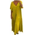 thumbnail image 1 of Fshaion Robe d'Été pour Femmes 2024 Grande Taille Coton Lin Couleur Ample Col en V Manches Courtes Robe Liquidation à Moins de 10!, 1 of 5
