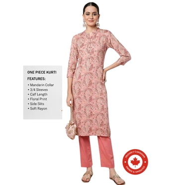 DWEEP SARA Kurta Droit Imprimé Floral Pêche pour Femmes TTG/44 Tunique Ethnique en Viscose Rayonne Manches 3/4 Col Rond Longueur Mi-Mollet