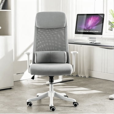 High Back Office Task Chair, Breathable Mesh Comfy Desk Chair with Headrest & Lumbar Support Pillow, Thick Padded Seat for Working Studying Gaming Meeting, Grey