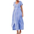 thumbnail image 1 of Robes Boho pour Femmes Été Plage Coton Lin Robe Maxi Col Ras du Cou Manches Courtes Fendue Vacances Robe Longue Unie, 1 of 4