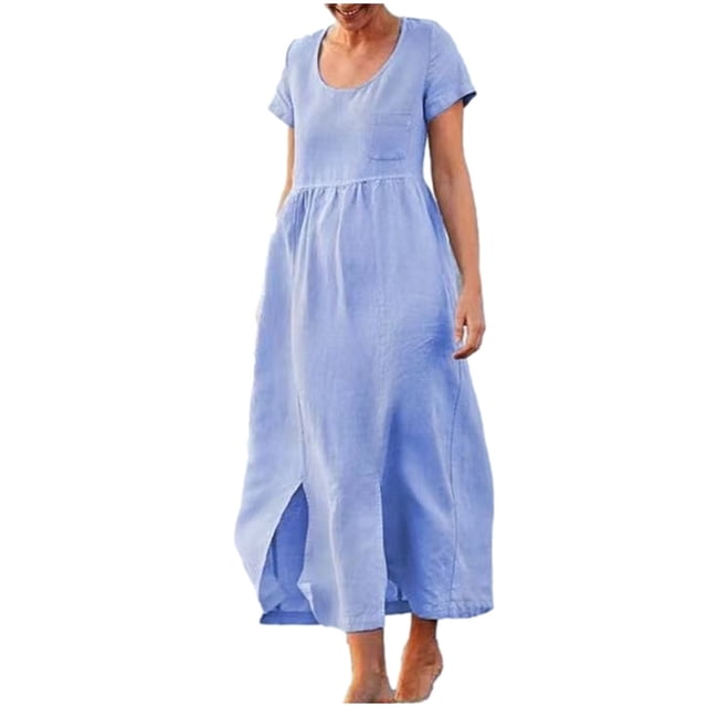 Robes Boho pour Femmes Été Plage Coton Lin Robe Maxi Col Ras du Cou Manches Courtes Fendue Vacances Robe Longue Unie