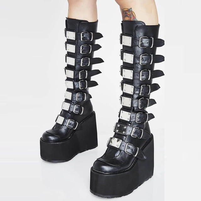 Babysbule Bottes pour Femmes Hiver Mode pour Femmes Boucle Métallique Plateforme Haute Plateforme Cuir