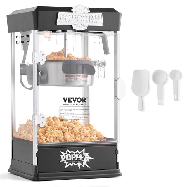 VEVOR Popcorn Popper Machine de Comptoir pour Maïs Soufflé avec Puissance de 480 W et Capacité de 4 oz en Noir. la Machine Comprend une Bouilloire Antiadhésive en Acier Inoxydable, des Panneaux en Verre Trempé et des Lumières DEL Internes pour une Vue Claire. Comprend des Accessoires Tels Qu'une Cuillère à Maïs Soufflé, une Cuillère à Huile, une Spatule pour Maïs Soufflé, un Assemblage avec Bâtonnet Mélangeur, un Assemblage du Couvercle de Casserole, un Écran pour Maïs Soufflé et un Assemblage de Casserole. Convient aux Événements comme les Soirées Cinéma, les Fêtes et les Rassemblements Sportifs