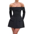 thumbnail image 2 of Robe Mini pour Femmes à Épaules Dénudées à Manches Longues Robe Trapèze Courte Robes Formelles Tenue de Fête Boîte de Nuit Noir TP, 2 of 8
