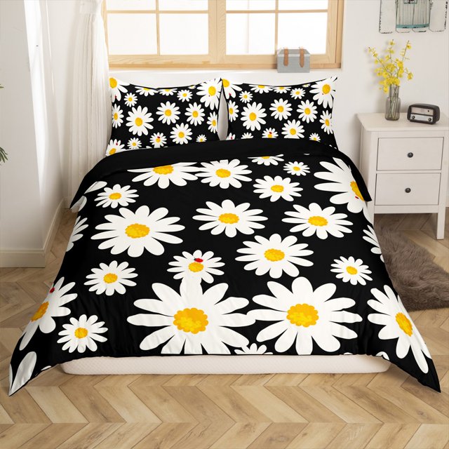 Erosebridal Groovy Floral Comforter Cover King, Rustic Flower Bedding King Size, Ladybug Decor, Reversible 3pcs(No Comforter)