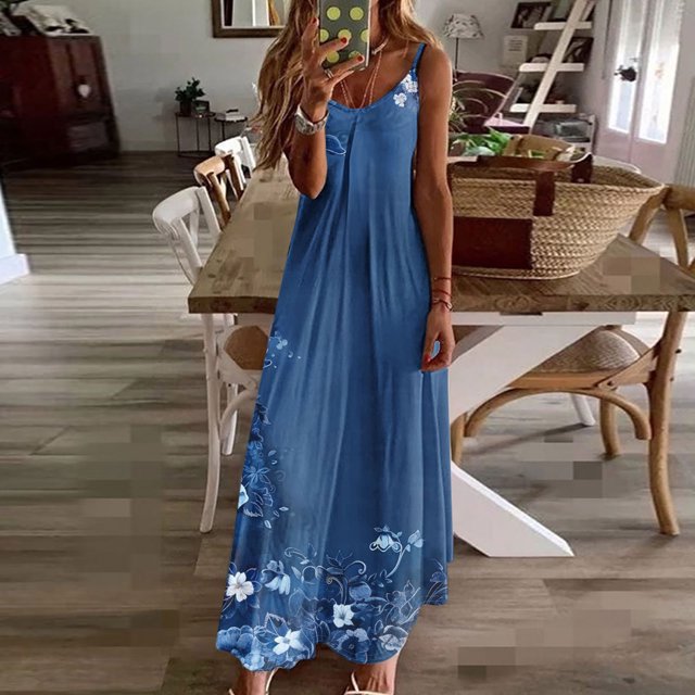 Ovzne Robes pour Femmes Robe d'Été Robes d'Été pour Femmes Imprimé Sans Manches Col Rond Robe Décontractée Longues Robes Robe de Vacances Imprimée Liquidation