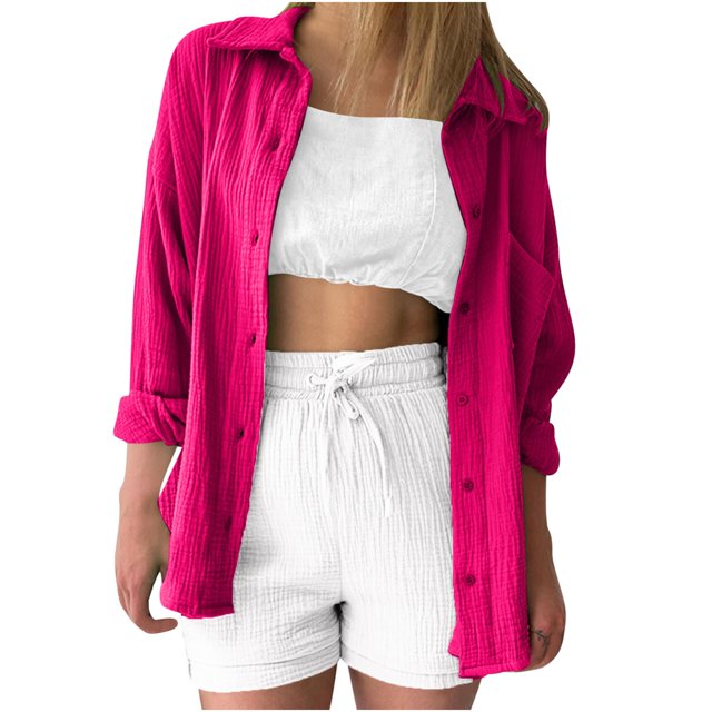 Timegard Tops for Women Lapel Neck Long Sleeve Button up Shirts Solid Color Fall Casual Loose Blouse
