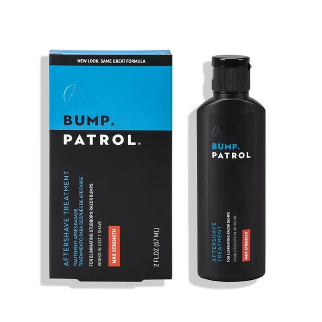 Bump Patrol Formule d'Après-rasage à Force Maximale, un Traitement d'Après-rasage de 2 Onces Conçu pour Éliminer les Bosses du Rasoir et les Poils Incarnés, Montré avec Son Bouteille Noire Élégante et Boîte Assortie avec accents Bleus et Rouges, Idéal pour les Soins de la Peau et le Soin.