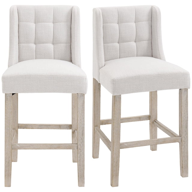 HOMCOM Tabourets de Comptoir Modernes, Chaises de Comptoir Rembourrées, Ensemble de 2 en beige, avec un design à Ailes Capitonné et un Tissu en polyester Toucher Lin. Chaque Tabouret Comprend un Repose-Pieds et des Pieds en Bois de Caoutchouc pour la Stabilité et le Confort. Dimensions : 18.5"L x 19.75"P x 39.75"H, Hauteur d'Assise 26.5 Pouces. Convient aux Comptoirs de Cuisine Ou aux Coins Repas, Souvent Utilisé pour des Sièges Décontractés dans les bars à la Maison.