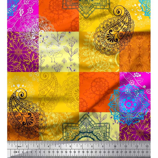Soimoi polyester Crepe Fabric Mandala & Paisley Patchwork Print Sewing Fabric Yard 52 Inch Wide