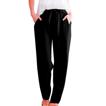 Women's Solid Linen Casual Pants with Drawstring Elastic Waist, Slim Fit Tapered Long Trousers for Spring/Summer