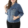thumbnail image 4 of GRACE & GRANDEUR Women's Plus Size Washed Button Front Frayed Denim Jacket Blue 1X, 4 of 6