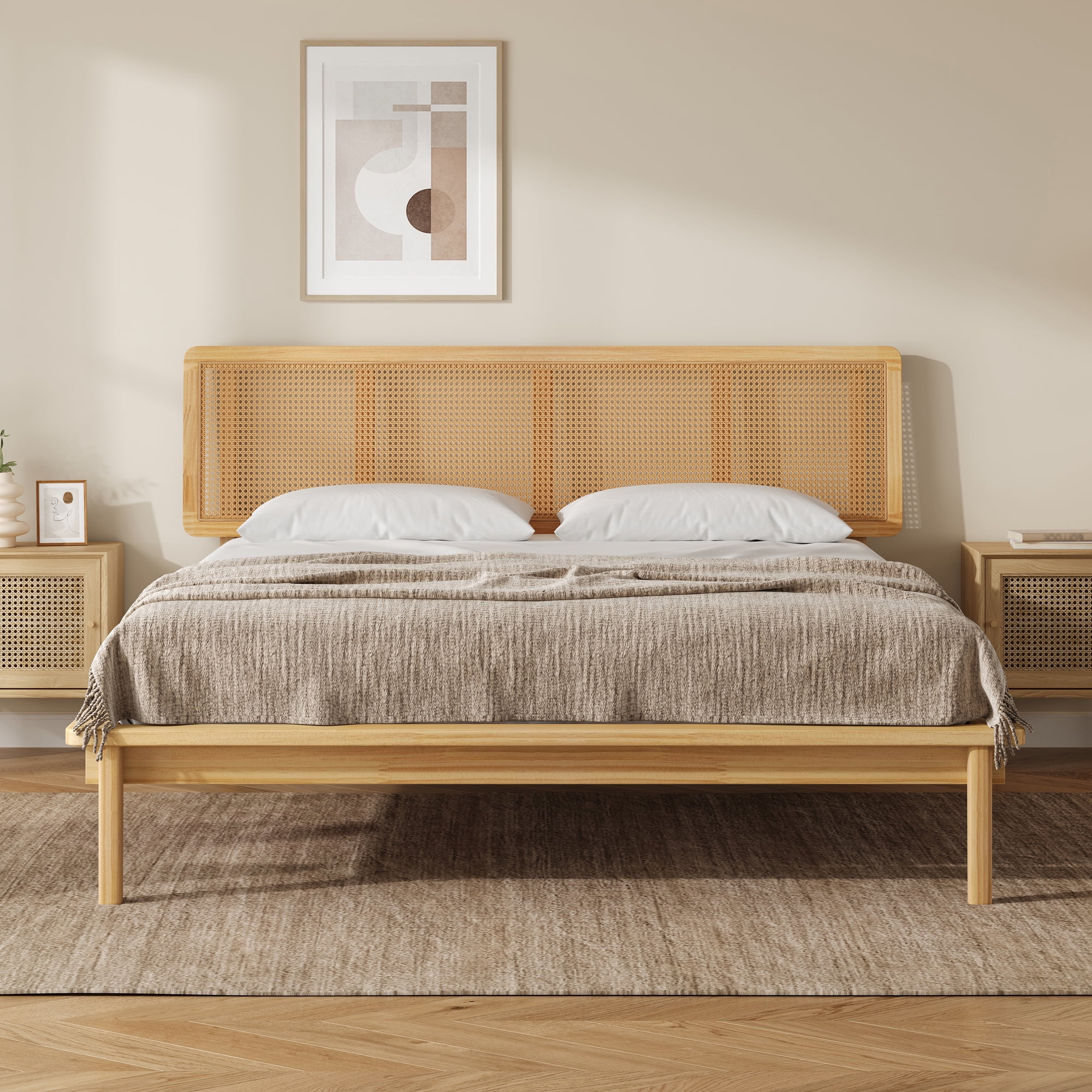 Noble House Modern Rattan Platform Bed,Cane Headboard & Footboard with Natural Woven Panels,Mid-Century Bed Frame,Walnut