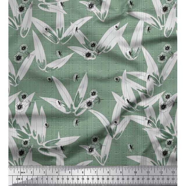 Soimoi polyester Crepe Fabric Texture,Leaves & Black Sketch Flower Decor Fabric Printed Yard 52 Inch Wide