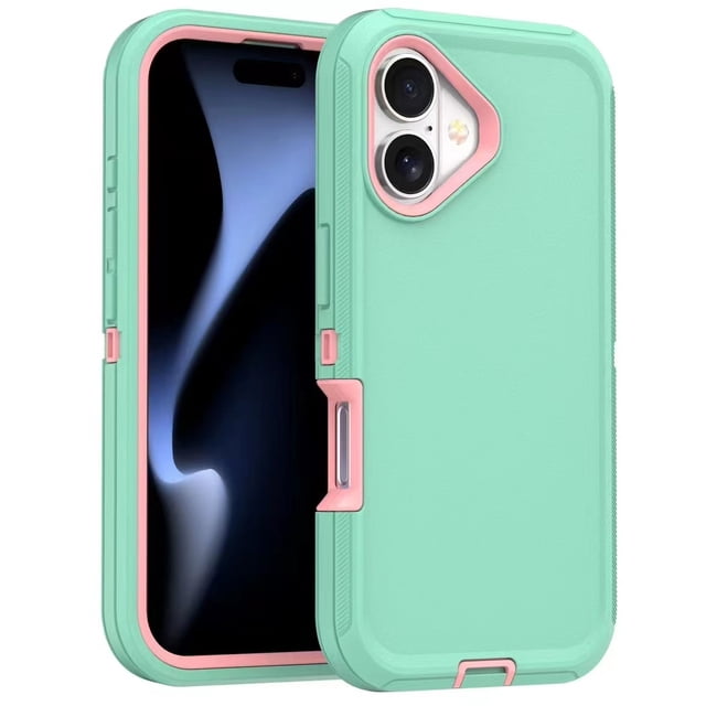 Étui PST iPhone 16 Hard Defender, Étui de Téléphone Robuste avec protection Antichoc à Triple Couche. Montré en Vert Menthe et Rose, Il Présente des Découpes Précises pour Boutons, ports et une Prise Antipoussière pour le port de Chargement. les Bords Surélevés Protègent l'Écran et l'Appareil Photo, les Coins Renforcés Améliorent la Durabilité. Accessoires for iPhone Idéaux.