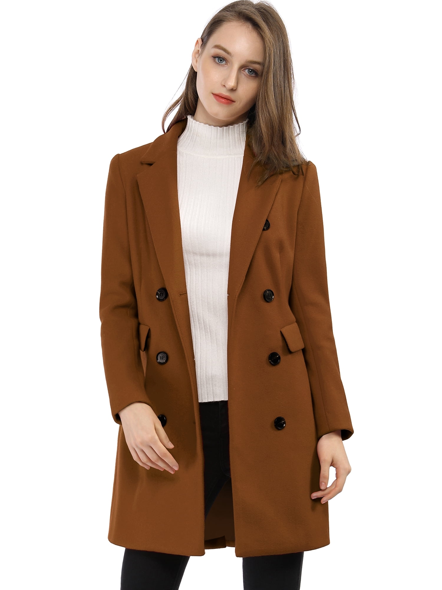 INSPIRE CHIC Manteau Mi-Long à Double Boutonnage pour Femme à Col à Revers Cranté