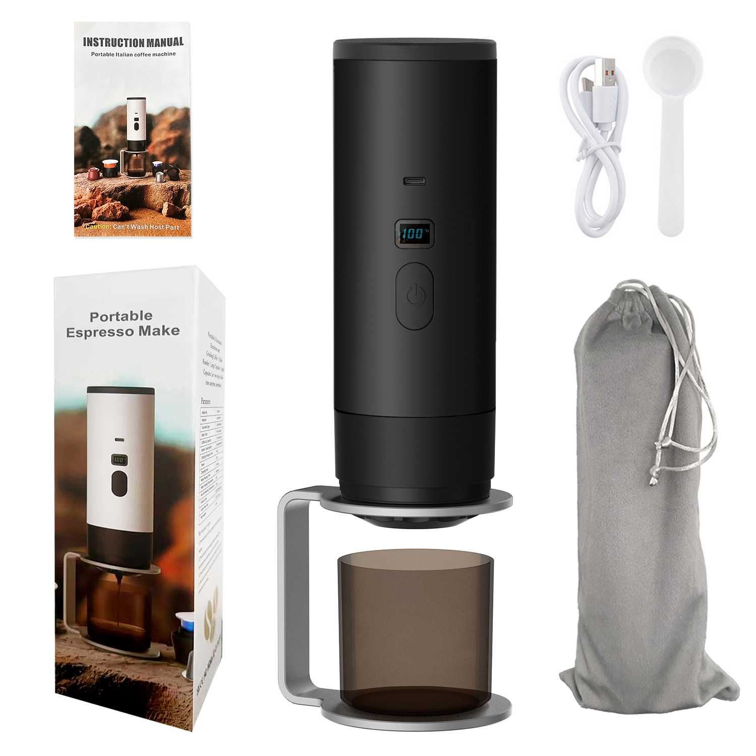 3-in-1 Portable Electric Coffee Maker, Capsule Coffee Grinder, Travel Coffee Maker with Cordless Heating and Stand, Black
