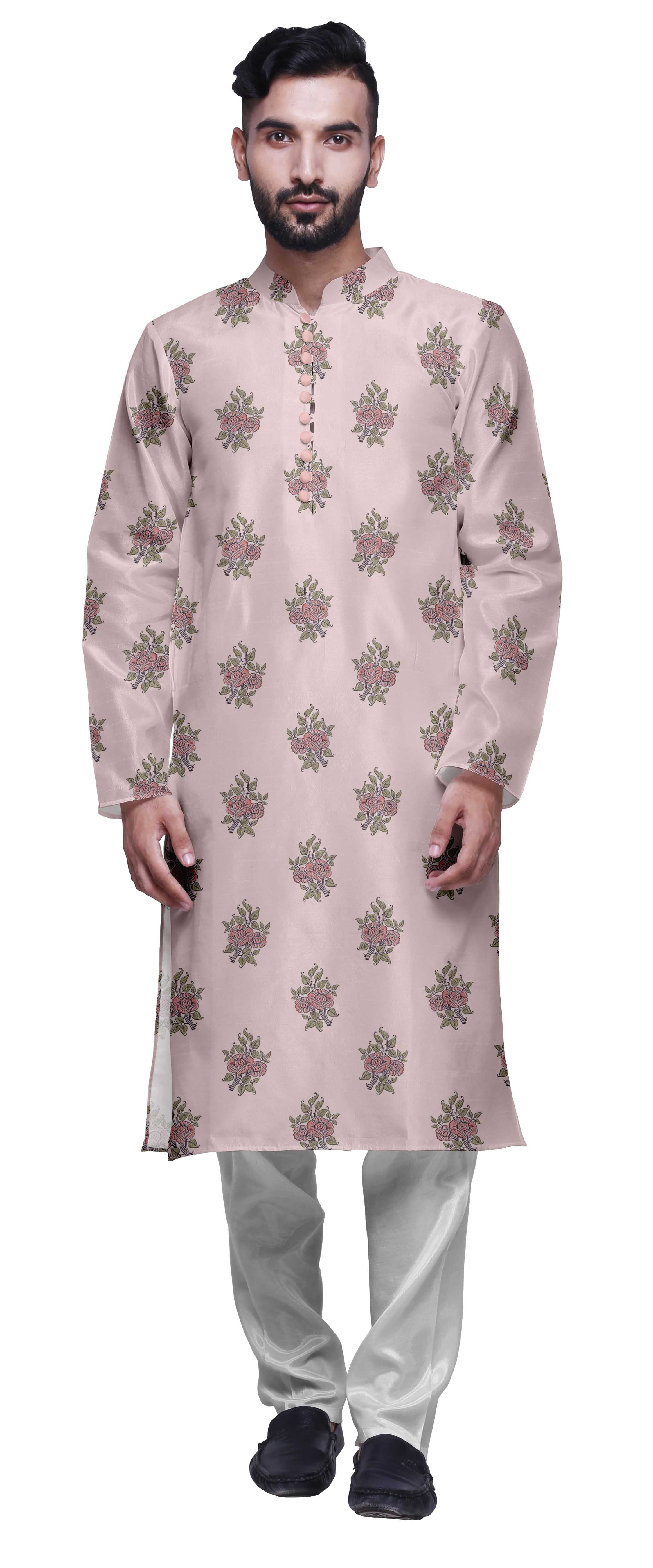Atasi Printed Mens Kurta & White Churidar Pyjama Set Mandarin Neck Ethnic Wear