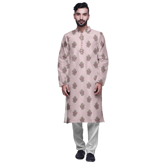 Atasi Mens Printed Modal Satin Indian Long Kurta With White Churidar Pajama Set