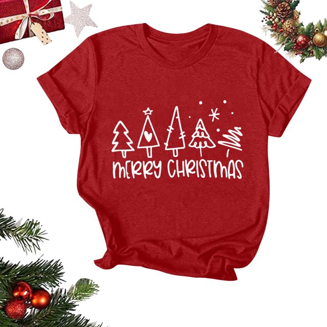 Amzcrzy Hauts d'Été pour Femmes Hauts de Noël Imprimés Col Rond Manches Courtes T-Shirt Haut Manches Courtes Col Rond T-Shirts pour Femmes Hauts Manches Courtes pour Femme