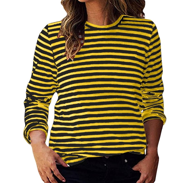 Aocisk T-Shirts à Blocs de Couleur à Rayures pour Femmes, Manches Longues, Col Rond, Coupe Régulière, T-Shirts Décontractés, Confortables pour l'Automne, Hauts Jaune TTG