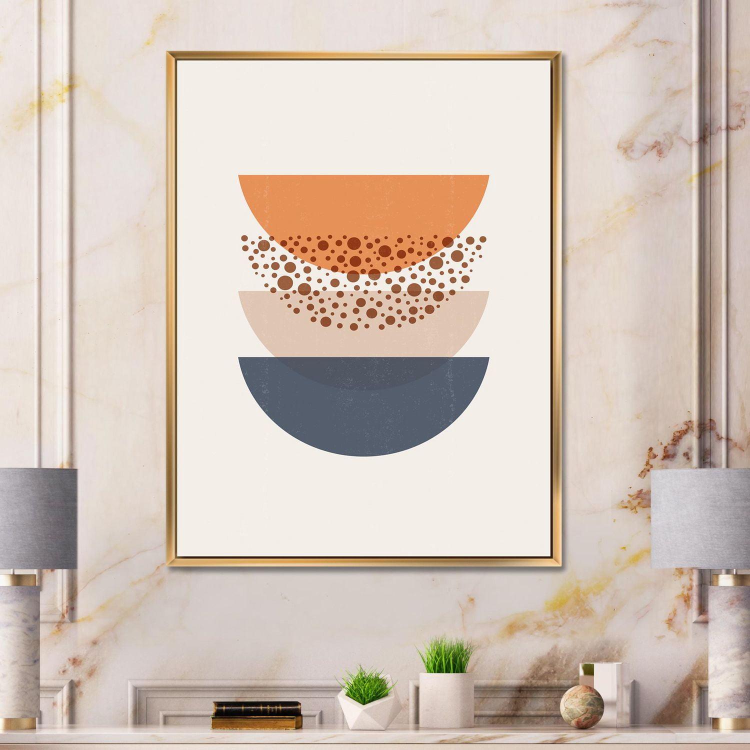 Designart Géométrie abstraite du soleil et de la lune en bleu et orange ART MURAL À CADRE FLOTTÉ
