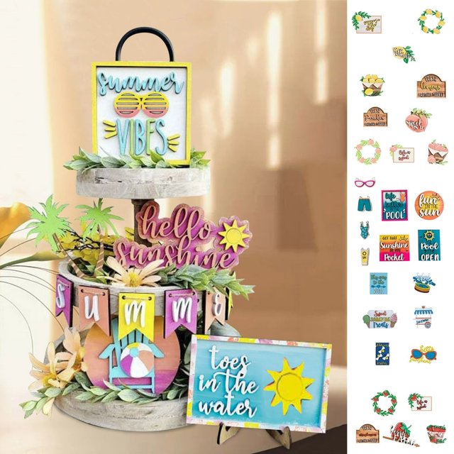 Rustic Farmhouse Tiered Tray Decors Eco-friendly Exquisite Pattern Bright Color Tiered Tray Ornaments (5/6/7/8Pcs)