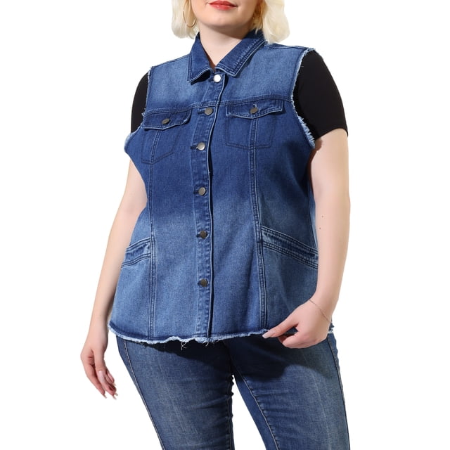 Agnes Orinda Gilet en Jean pour Femme Grande Taille Ourlet Brut Sans Manches Veste en Denim Mode 3X Dégradé Bleu