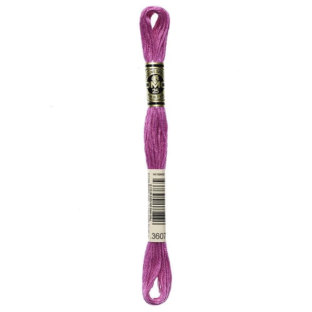 DMC Pink Cotton 6 Strand Floss 8m showing a single skein of pink embroidery floss made from 100% long staple Egyptian cotton with double mercerized sheen, wrapped with a black and gold label indicating brand and length, suitable for cross-stitch, needlepoint, and scrapbooking.