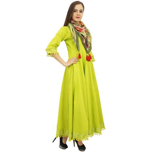 Bimba Robe Anarkali Classique en Coton Vert Évasé avec Pompons et Foulard - 14