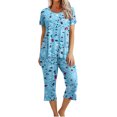 thumbnail image 1 of Mikilon Pyjama Décontracté pour Femmes, Ensemble de Sommeil Mode Imprimé à Manches Courtes, Pantalon Capri, 2 Pcs, Col Rond, Tenue de Détente Décontractée avec Poches, Ensemble 2 Pcs, Bleu Pâle, S, 1 of 8