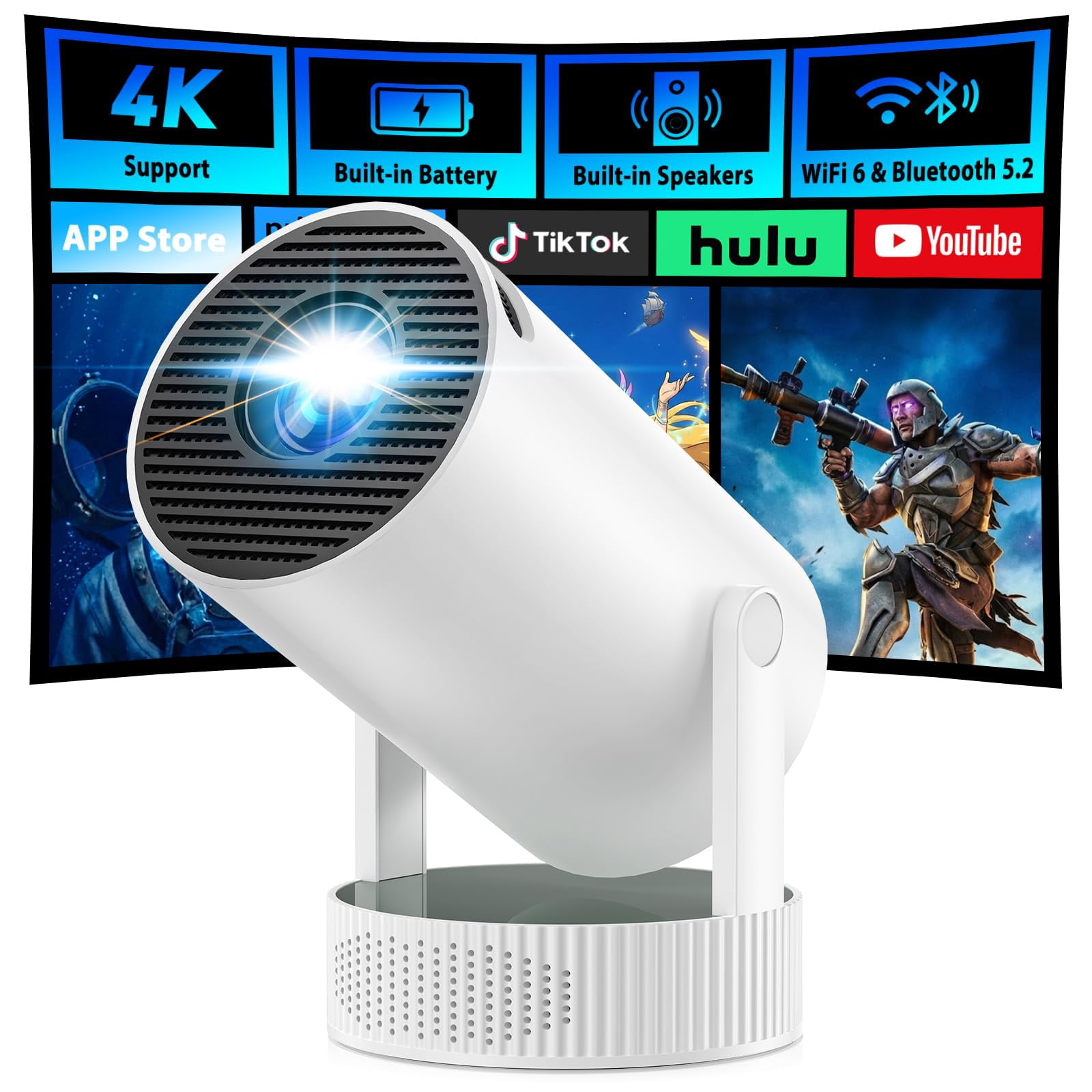 Mini Projector, Projector with Wifi and Bluetooth Built-in Battery 4K Portable Projector for Outdoor Bedroom, Smart Projectors 1080P Compatible with iphone/TV Stick/HDMI/Laptop