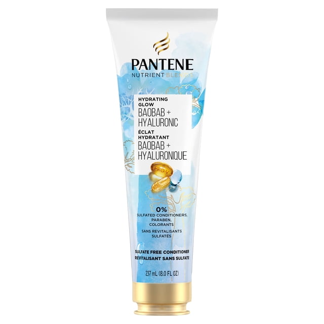 Pantene Baobab Nutrient Blends Hydrating Glow Sulfate-free Conditioner in a 237 ml (8.0 fl oz) white and blue tube with gold cap, featuring baobab essence and hyaluronic acid, free of sulfates, parabens, and dyes, designed to hydrate and enhance hair's natural glow.