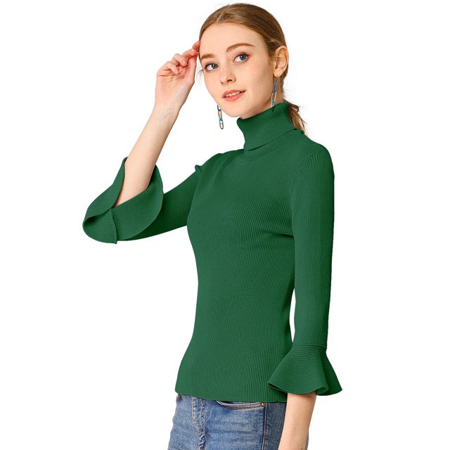 INSPIRE CHIC Chandail pour Femme à Col Roulé, Manches 3/4 à Volants, Coupe Ajustée, Tricot Côtelé, m Vert