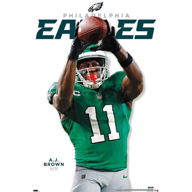 Philadelphia Eagles wide receiver A.J. Brown wearing a green number 11 jersey and gray pants catching a football with both hands raised, with the Eagles logo and team name above on a white background.