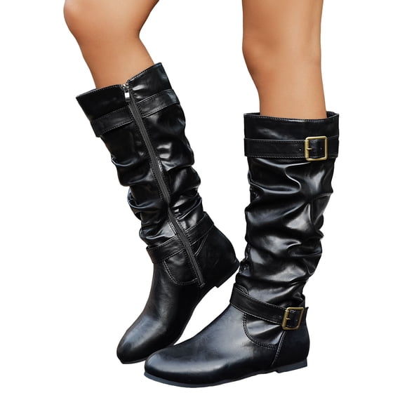 Rokment Womens Winter Fall Slouch Wide Mid Calf Boots Fashion Buckles Leather Low Heel Side Zipper Dress Tall Boots