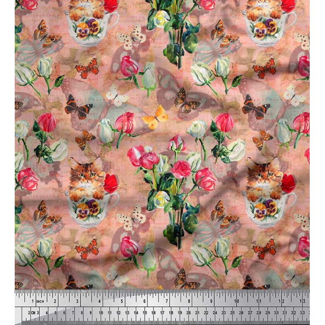 Soimoi Orange Satin Silk Fabric Cat,Insect & Rose Buds Flower Fabric Prints by Yard 42 Inch Wide