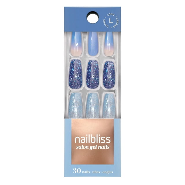 DASHING DIVA - GEL NAIL - THE COOL DOWN set of 30 long, large false nails featuring blue French ombré shades, chunky glitter, and metallic silver overlay, flexible and chip-resistant for up to 10 days with easy application and removal.