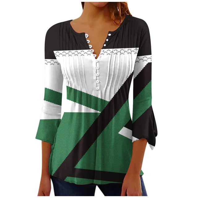 Birdeem T-Shirt Mode Imprimé pour Femmes Manches 3/4 Blouse Col en V Hauts Décontractés
