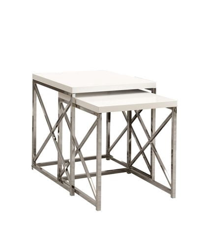 Monarch Specialties Nesting Table, Set Of 2, Side, End, Metal, Accent, Living Room, Bedroom, Metal, Laminate, Glossy White, Chrome, Contemporary, Modern